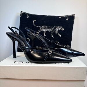 Tony Bianco Garda Sling Back in Black Hi Shine leather high heel like new